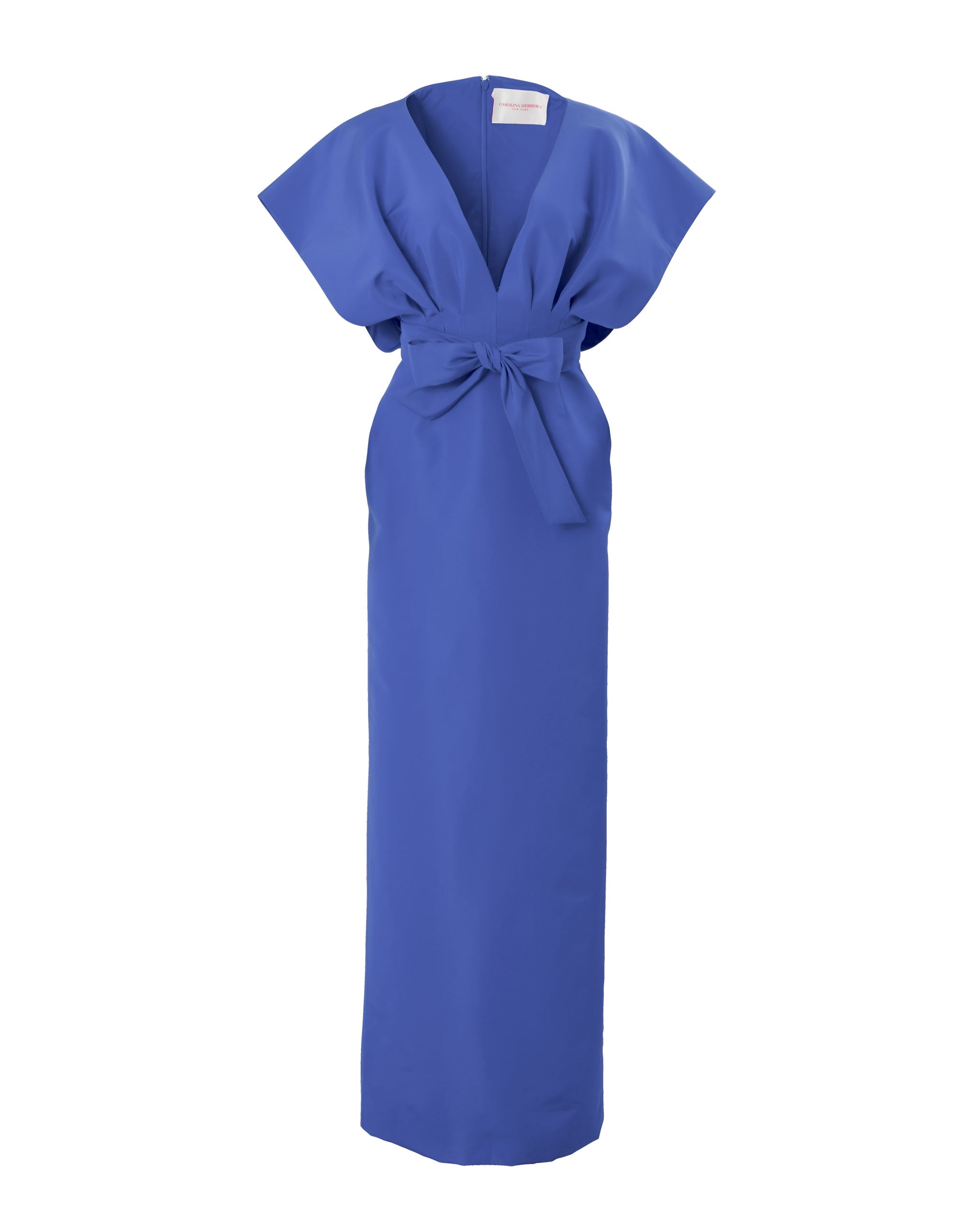 VNECK FAN BODICE COLUMN GOWN WITH WAIST BOW – Julian Gold