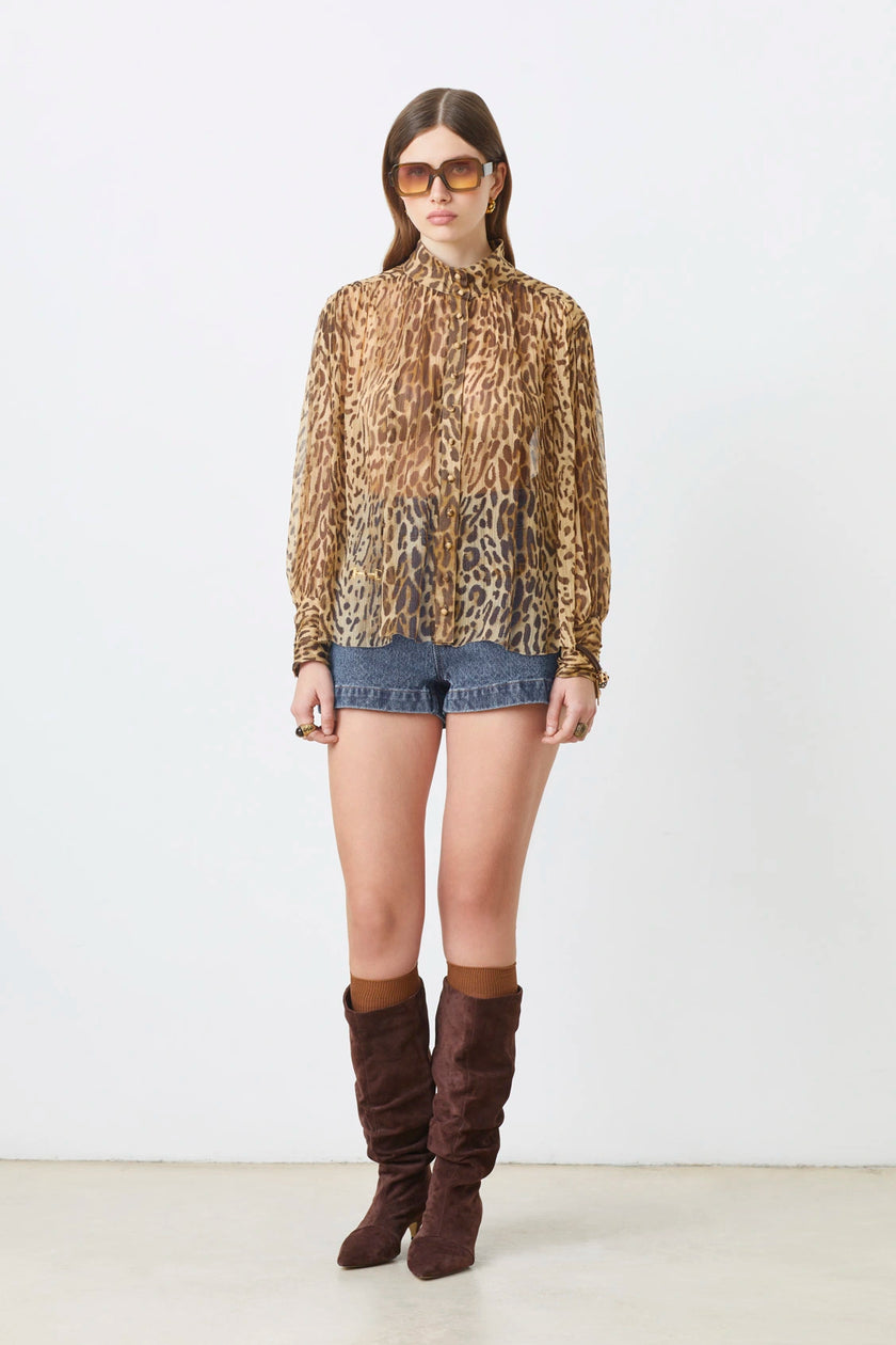 LUX BEIGE LEOPARD PRINT VOILE BLOUSE