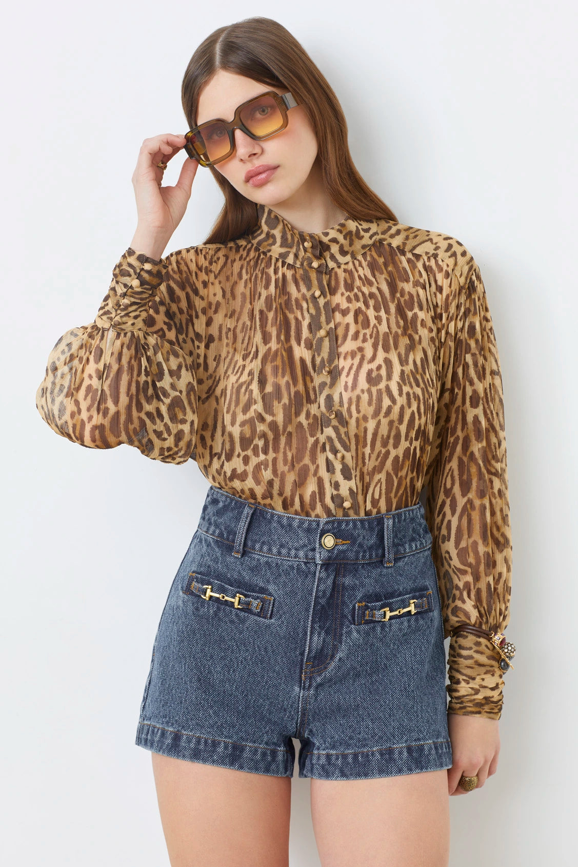 LUX BEIGE LEOPARD PRINT VOILE BLOUSE