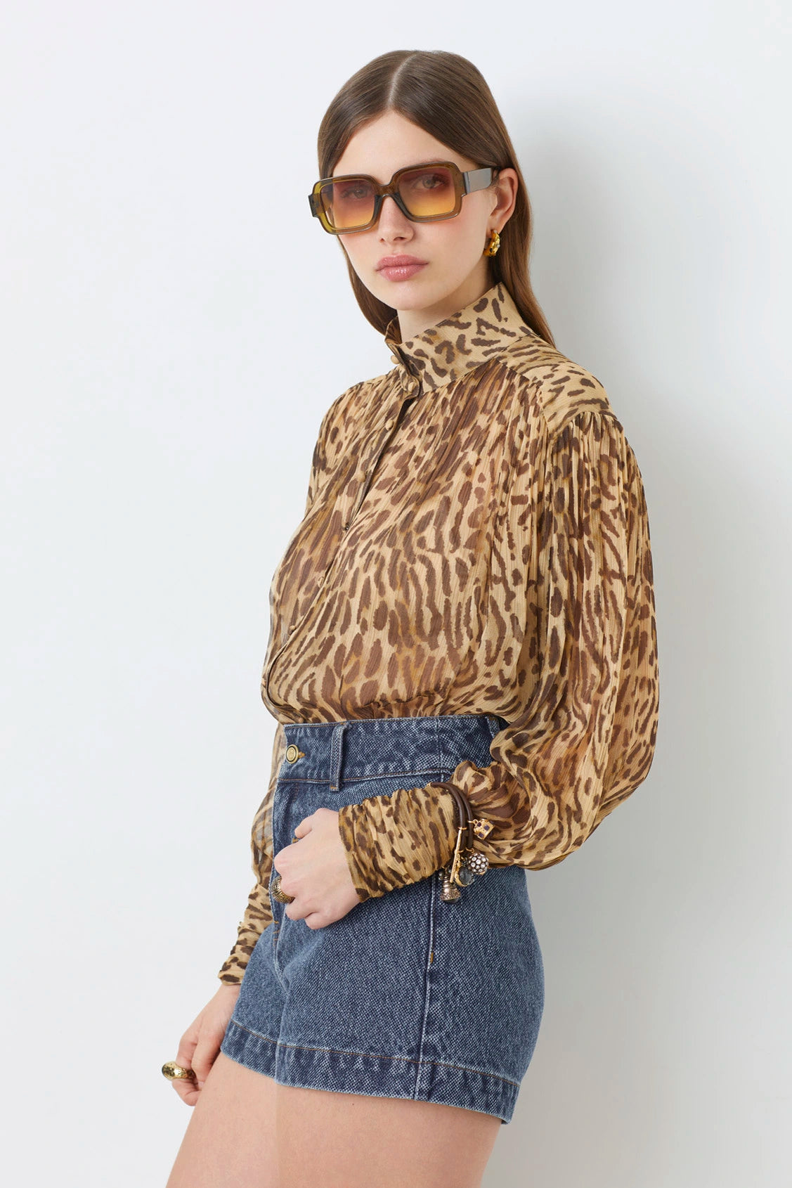 LUX BEIGE LEOPARD PRINT VOILE BLOUSE