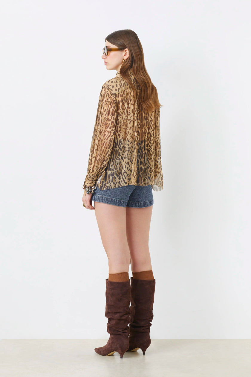 LUX BEIGE LEOPARD PRINT VOILE BLOUSE