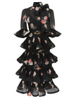 PLEATED SLEEVED MIDI DRESS IN BLACK BIRD PRINT