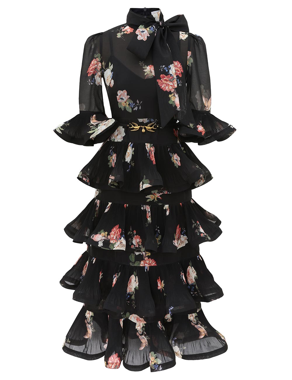 PLEATED SLEEVED MIDI DRESS IN BLACK BIRD PRINT