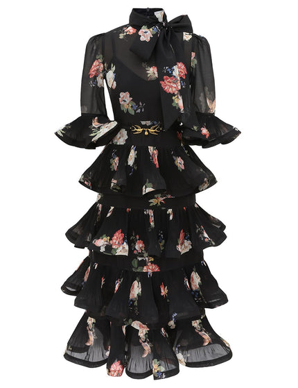 PLEATED SLEEVED MIDI DRESS IN BLACK BIRD PRINT