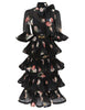 PLEATED SLEEVED MIDI DRESS IN BLACK BIRD PRINT
