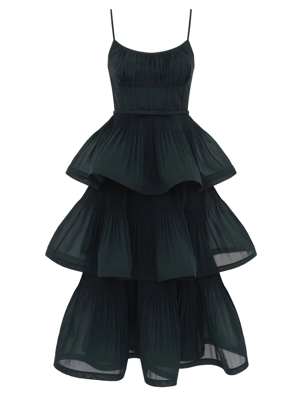 PLEATED TIERED MIDI DRESS IN BOTTLE GREEN