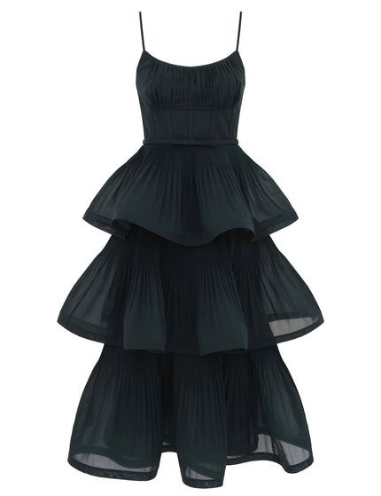 PLEATED TIERED MIDI DRESS IN BOTTLE GREEN