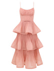 PLEATED TIERED MIDI DRESS IN DUSTY PINK