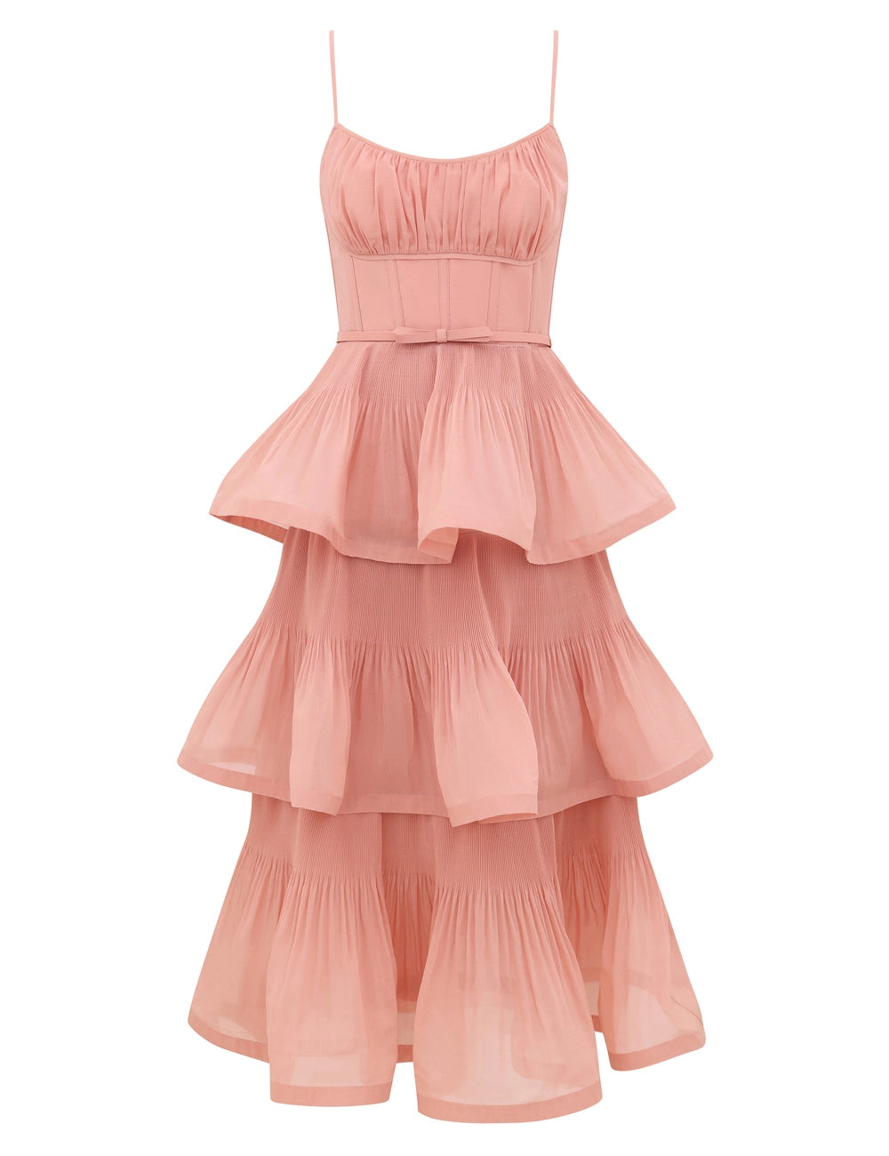 PLEATED TIERED MIDI DRESS IN DUSTY PINK