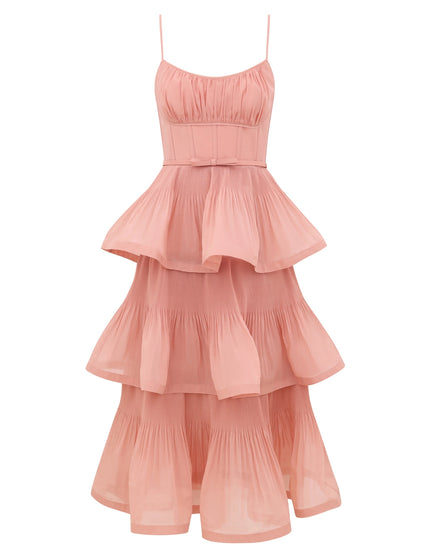 PLEATED TIERED MIDI DRESS IN DUSTY PINK