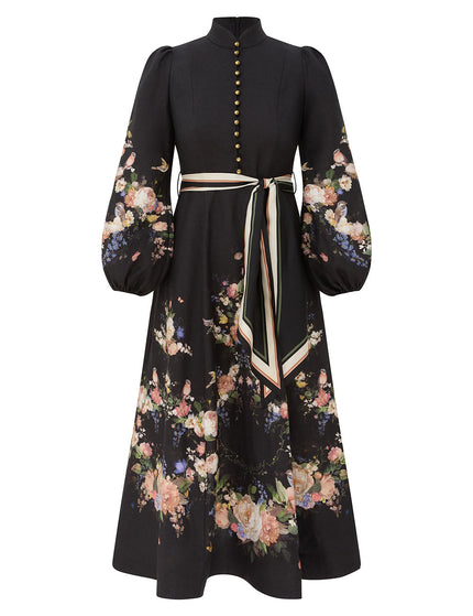 VALIANT BUTTON MIDI DRESS IN BLACK BOUQUET