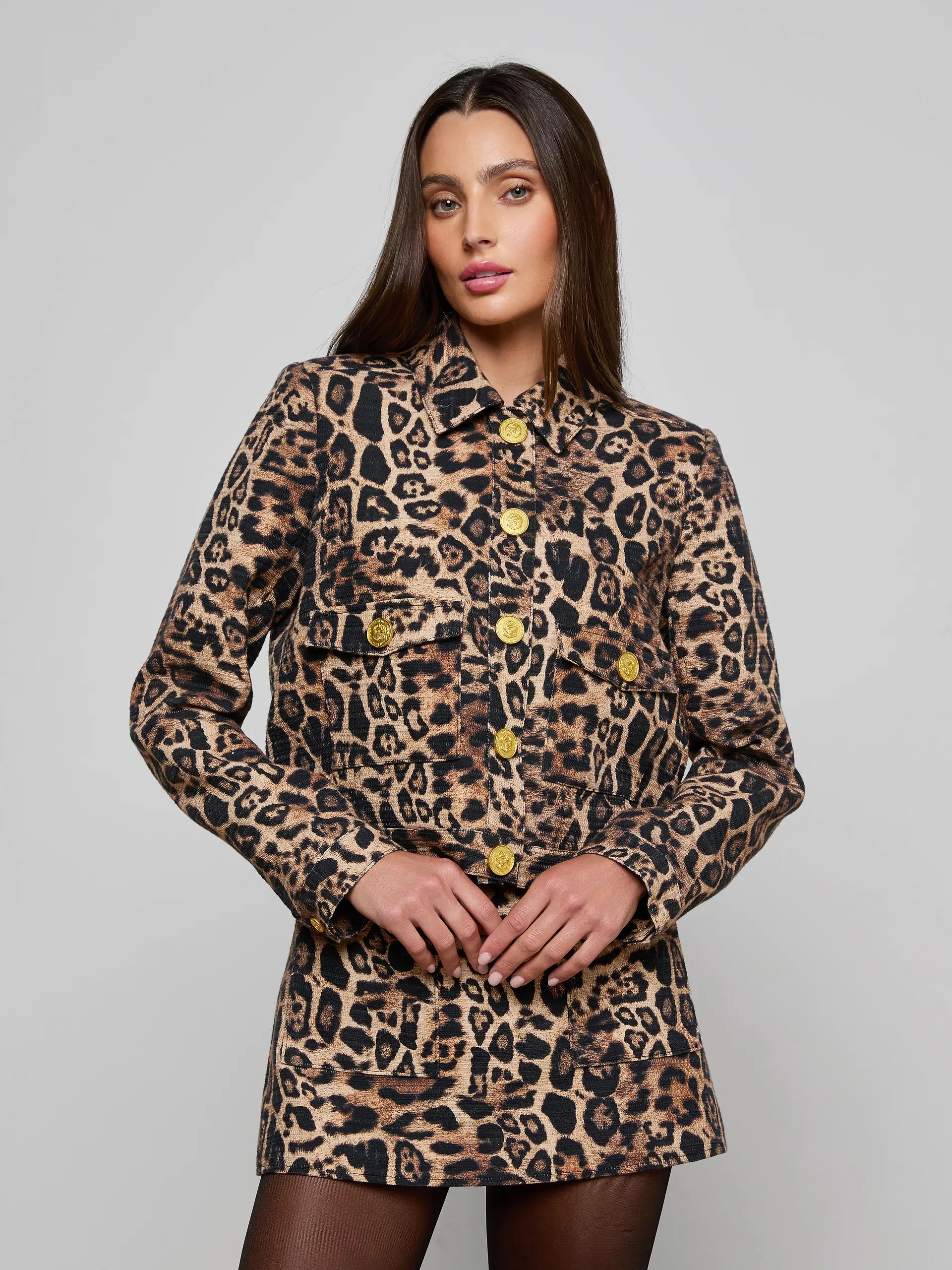 NYX CROPPED JACKET IN BROWN MULTI PATCH LEOPARD