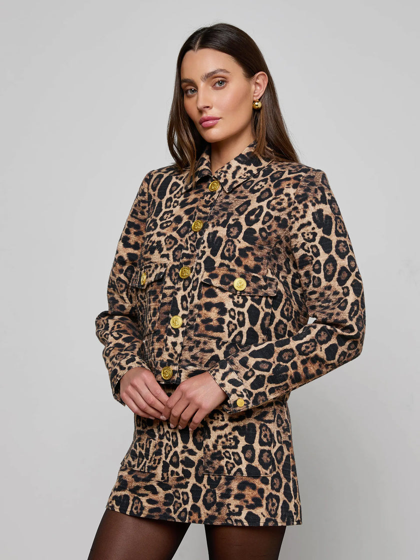 NYX CROPPED JACKET IN BROWN MULTI PATCH LEOPARD
