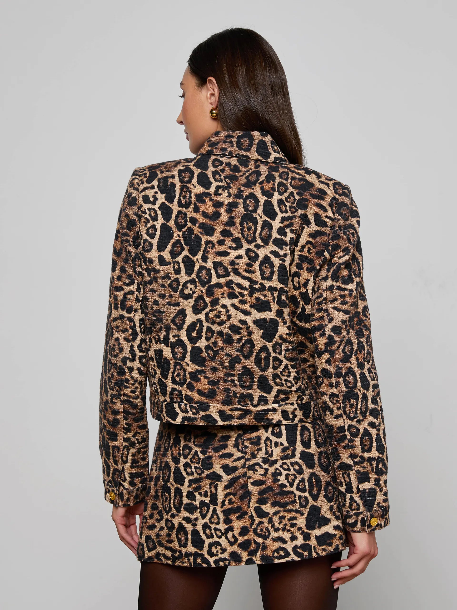 NYX CROPPED JACKET IN BROWN MULTI PATCH LEOPARD
