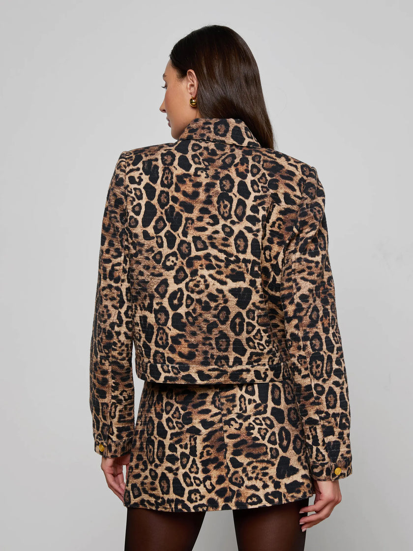 NYX CROPPED JACKET IN BROWN MULTI PATCH LEOPARD