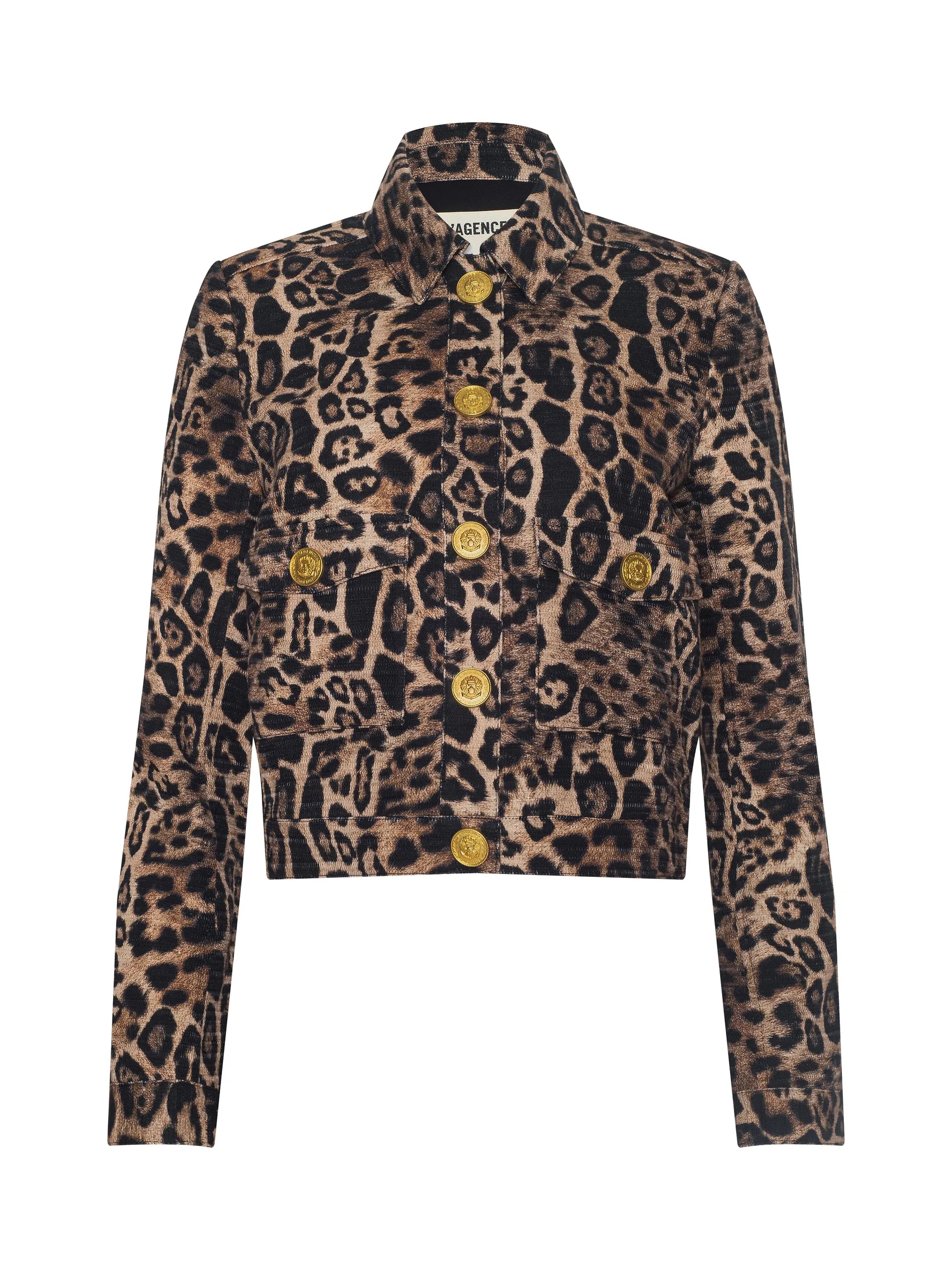 NYX CROPPED JACKET IN BROWN MULTI PATCH LEOPARD