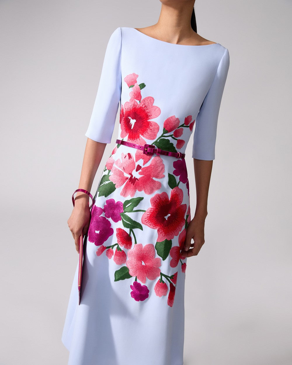 FLORAL EMBROIDERED BOAT NECK DRESS