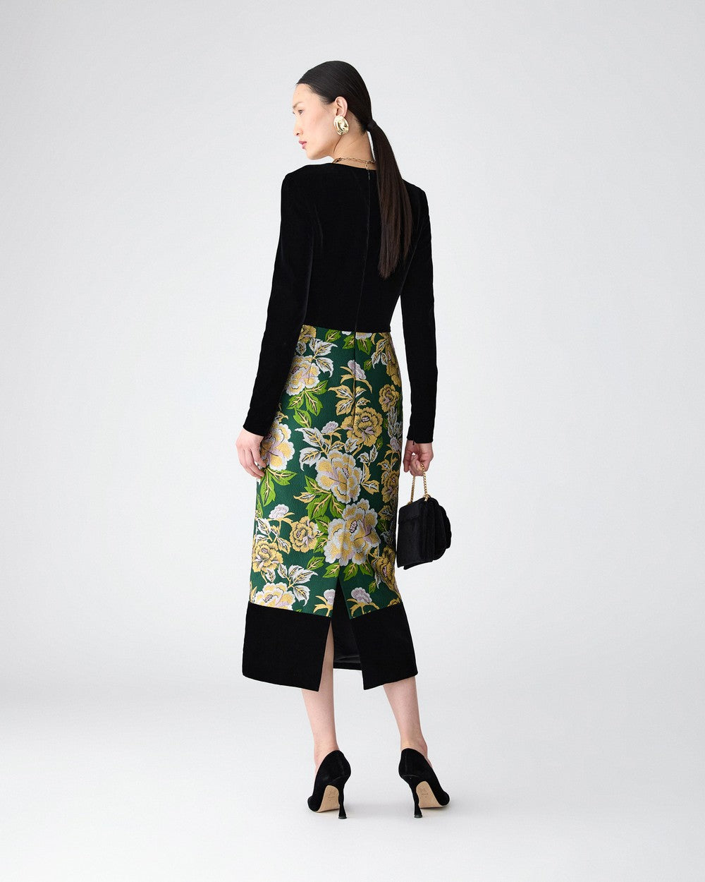 FLORAL JACQUARD AND VELVET MIDI DRESS