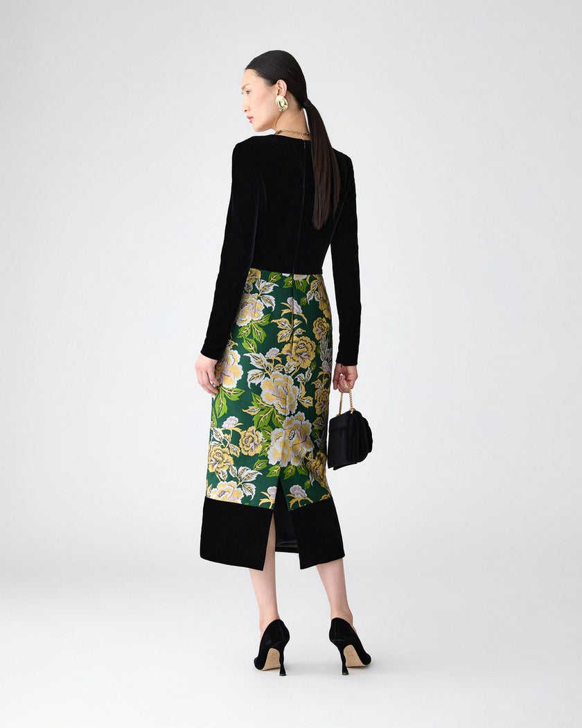 FLORAL JACQUARD AND VELVET MIDI DRESS