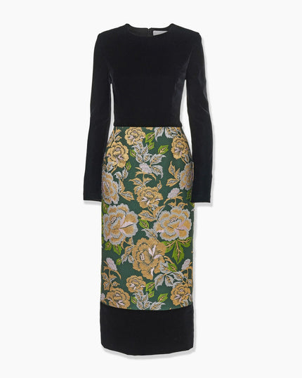 FLORAL JACQUARD AND VELVET MIDI DRESS