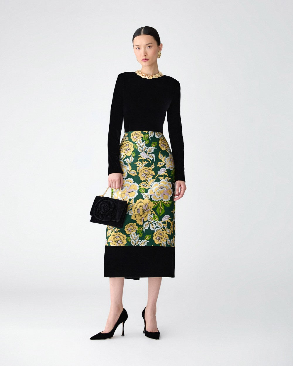 FLORAL JACQUARD AND VELVET MIDI DRESS