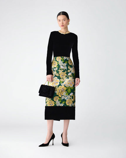 FLORAL JACQUARD AND VELVET MIDI DRESS