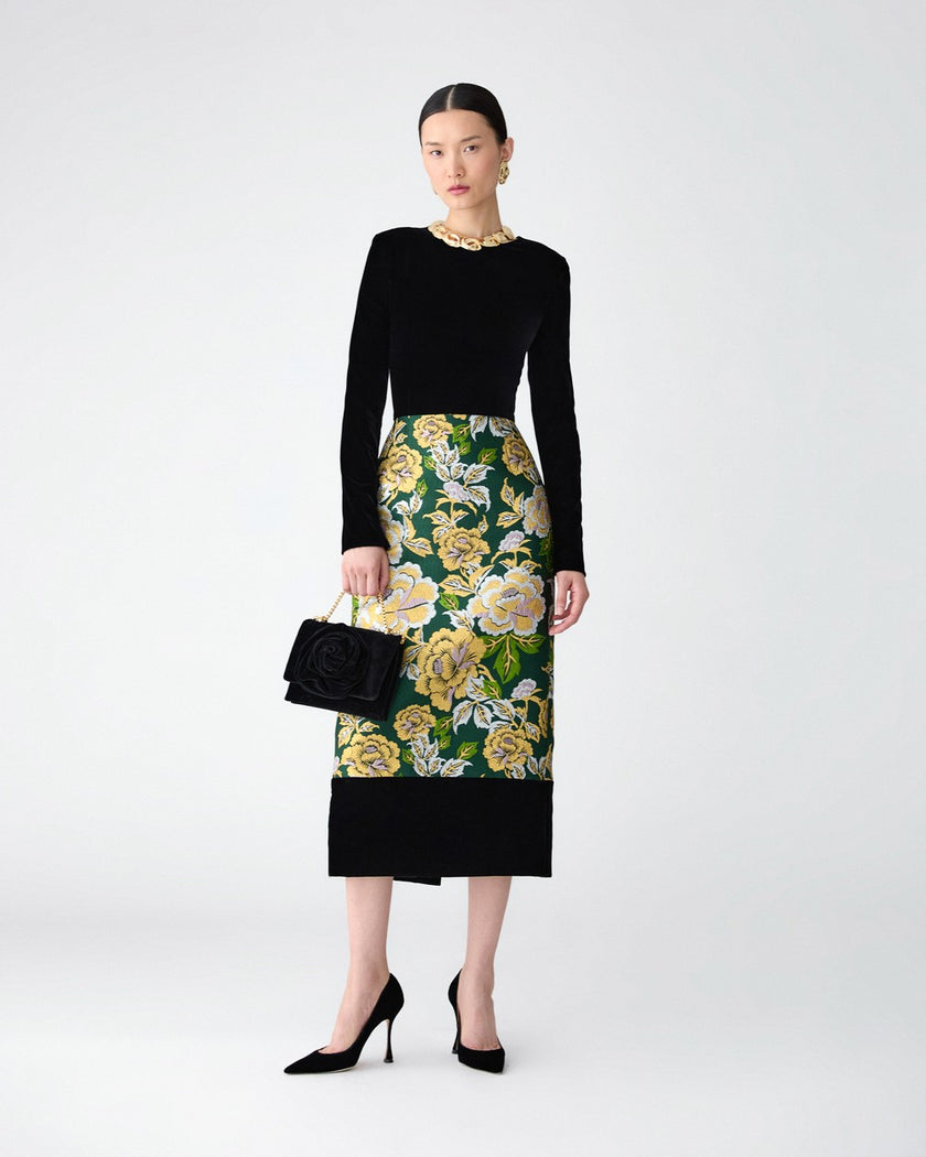 FLORAL JACQUARD AND VELVET MIDI DRESS