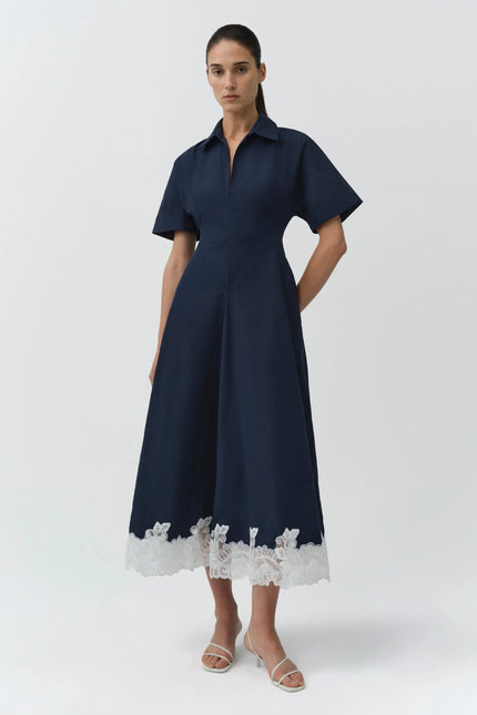 NERRIS COTTON FAILLE LACE MIDI DRESS