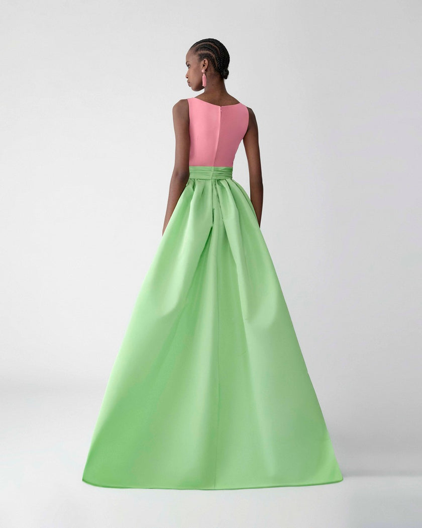 COLOR BLOCKED COLUMN GOWN WITH OVERSKIRT