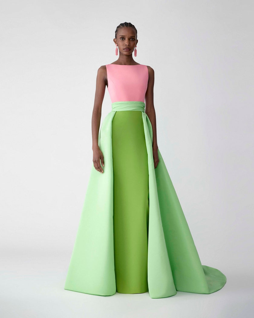 COLOR BLOCKED COLUMN GOWN WITH OVERSKIRT