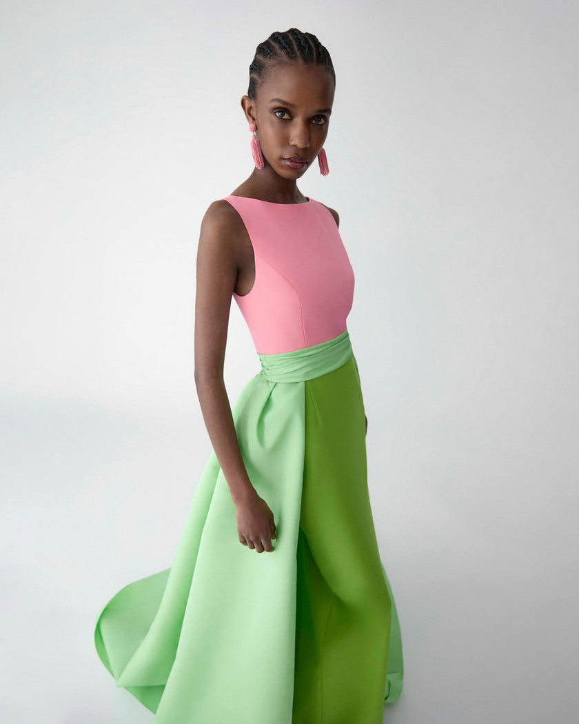 COLOR BLOCKED COLUMN GOWN WITH OVERSKIRT