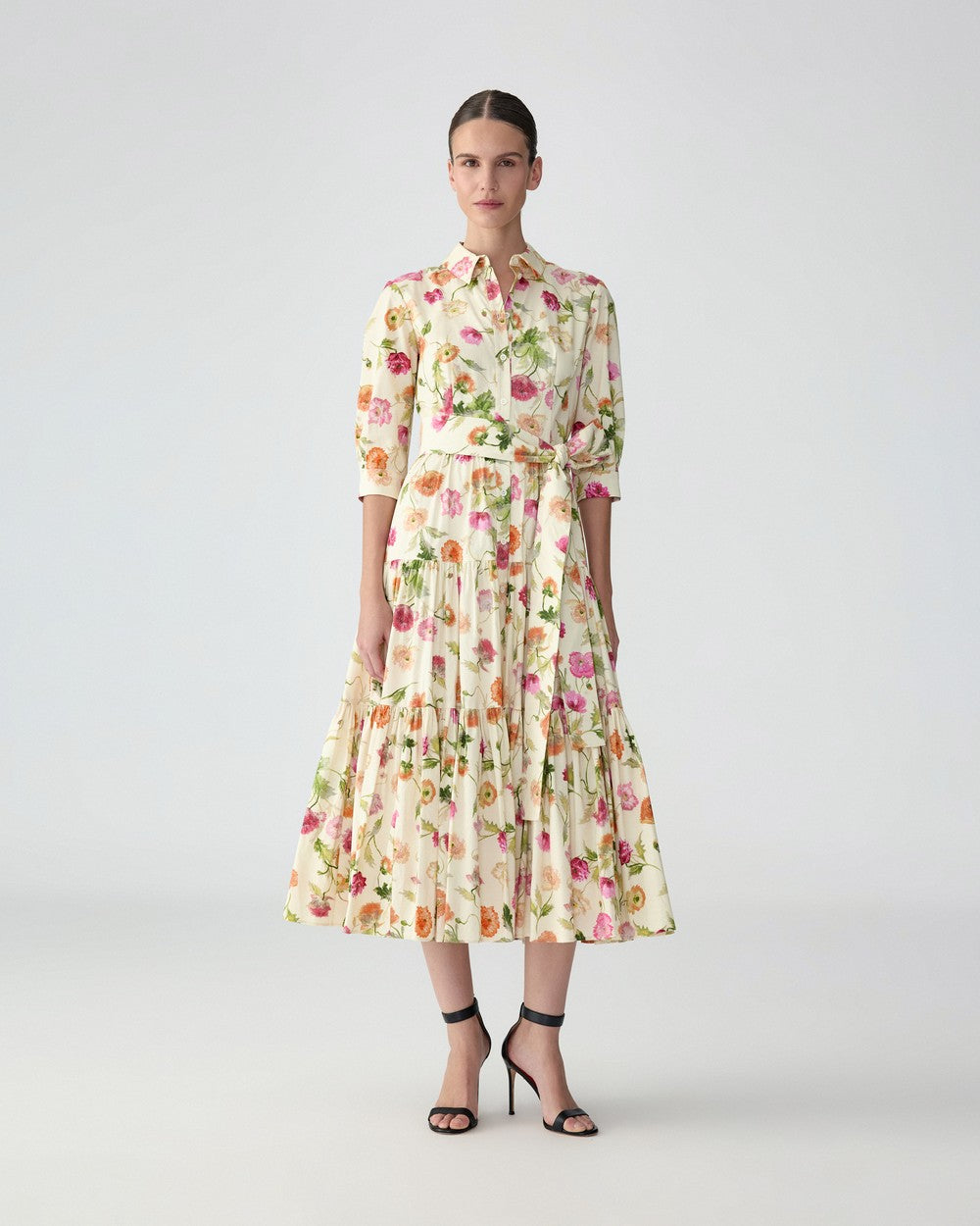 POPPY PRINT TIERED MIDI SHIRT DRESS