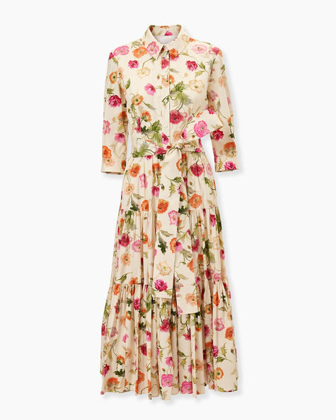 POPPY PRINT TIERED MIDI SHIRT DRESS