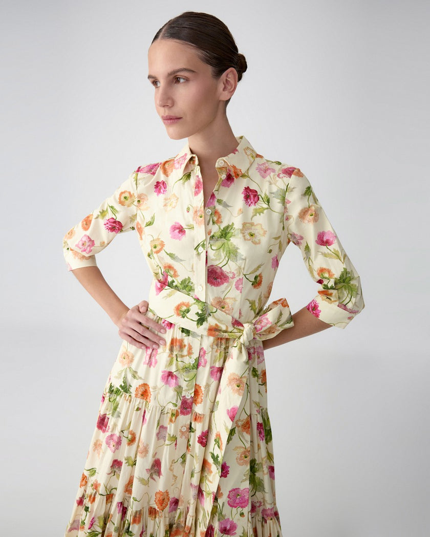 POPPY PRINT TIERED MIDI SHIRT DRESS