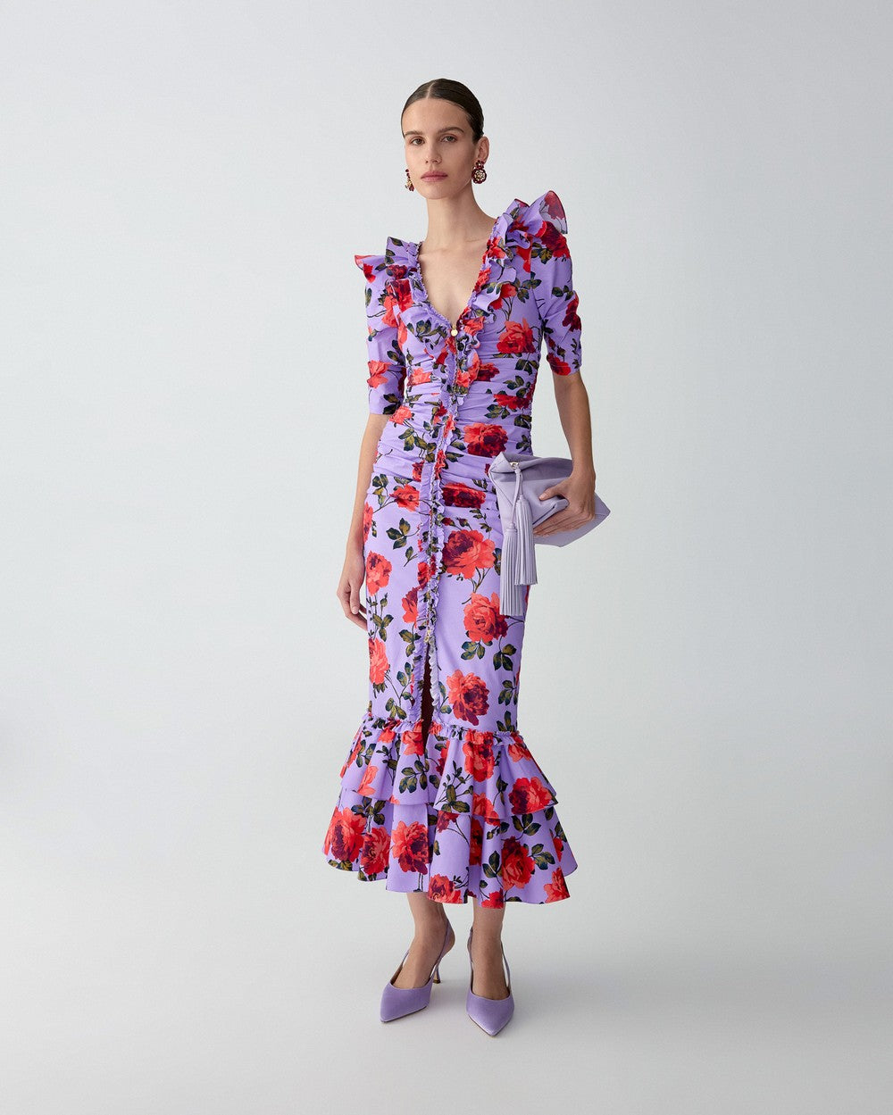 ROSE PRINT RUCHED MIDI DRESS