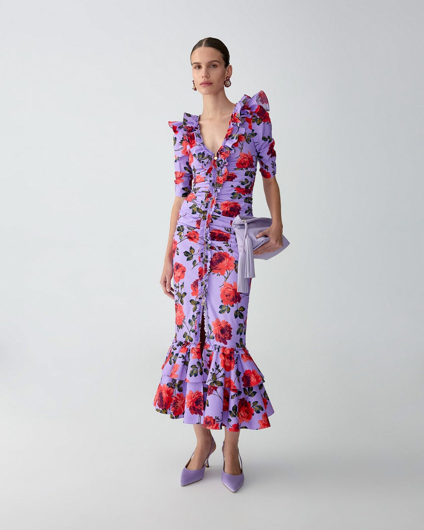 ROSE PRINT RUCHED MIDI DRESS