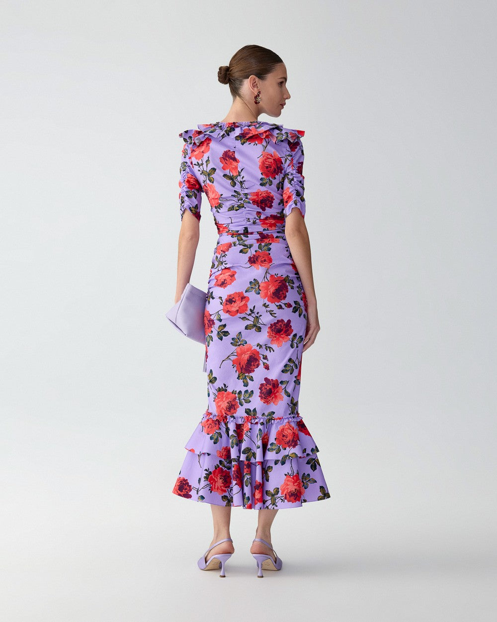 ROSE PRINT RUCHED MIDI DRESS