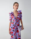 ROSE PRINT RUCHED MIDI DRESS