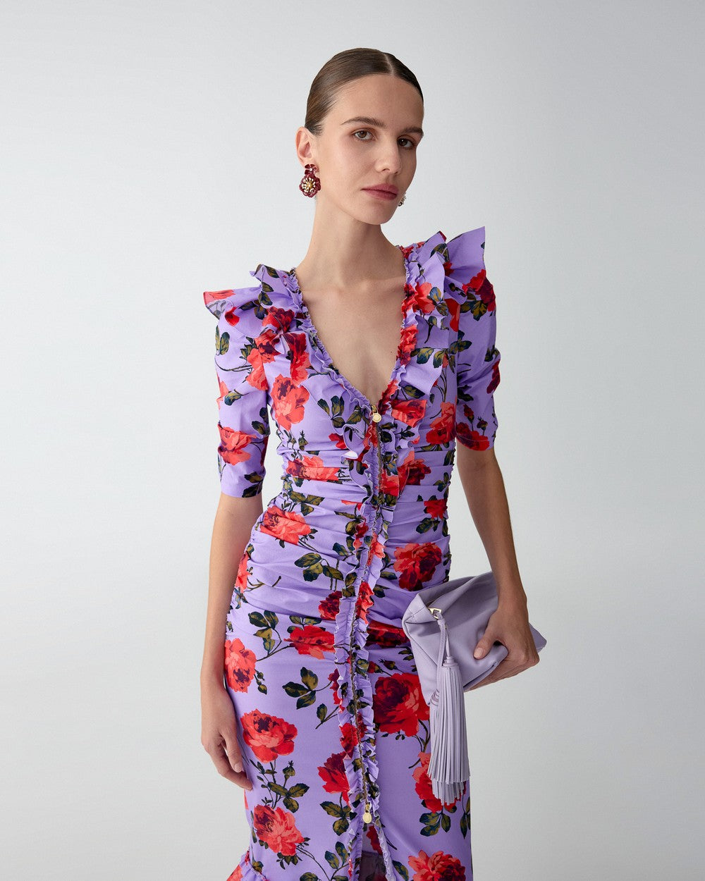 ROSE PRINT RUCHED MIDI DRESS