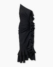 ASYMMETRIC RUCHED MIDI DRESS WITH RUFFLES