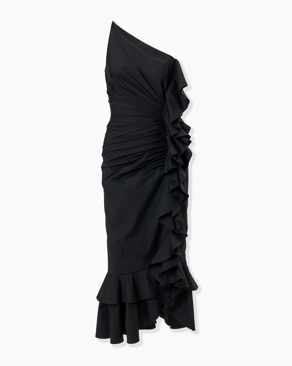 ASYMMETRIC RUCHED MIDI DRESS WITH RUFFLES