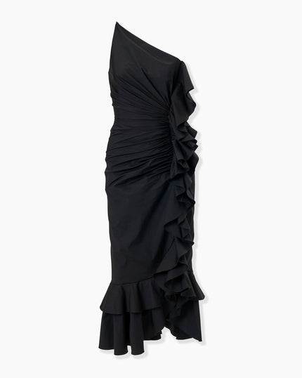 ASYMMETRIC RUCHED MIDI DRESS WITH RUFFLES
