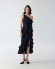 ASYMMETRIC RUCHED MIDI DRESS WITH RUFFLES
