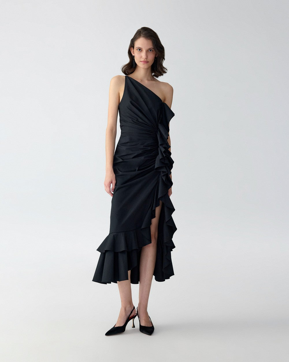 ASYMMETRIC RUCHED MIDI DRESS WITH RUFFLES