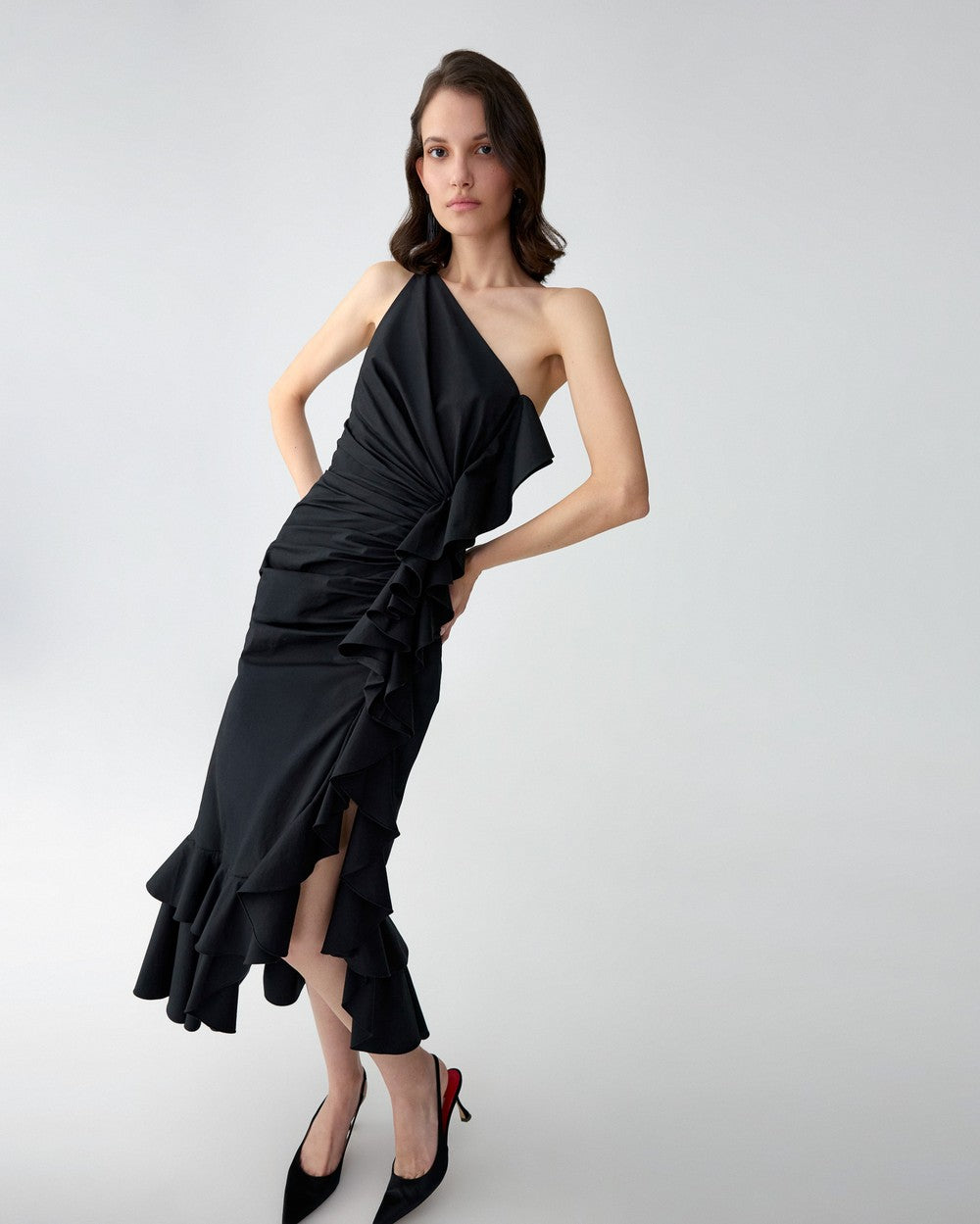 ASYMMETRIC RUCHED MIDI DRESS WITH RUFFLES