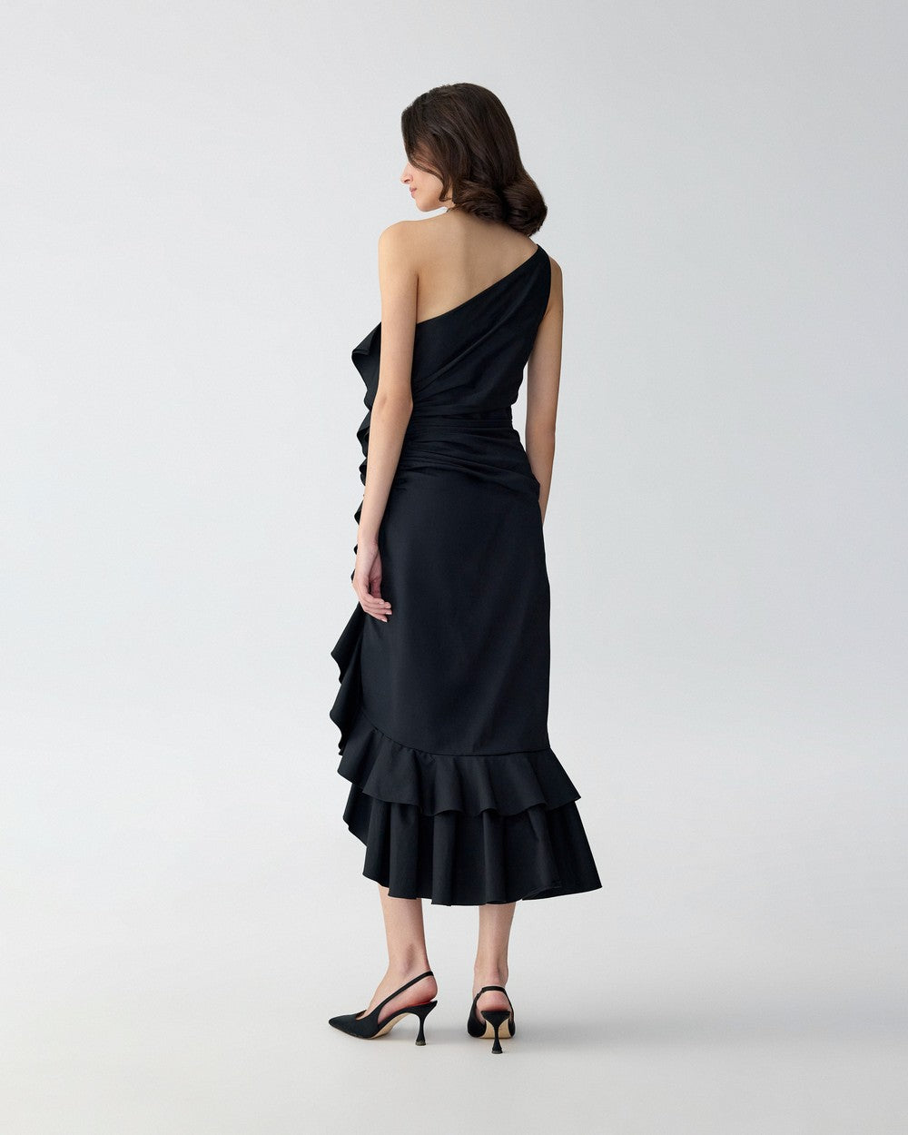 ASYMMETRIC RUCHED MIDI DRESS WITH RUFFLES