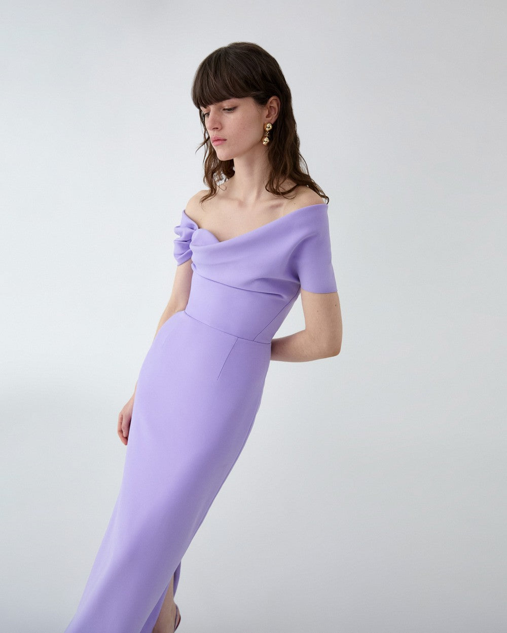 DRAPED OFF SHOULDER COLUMN GOWN