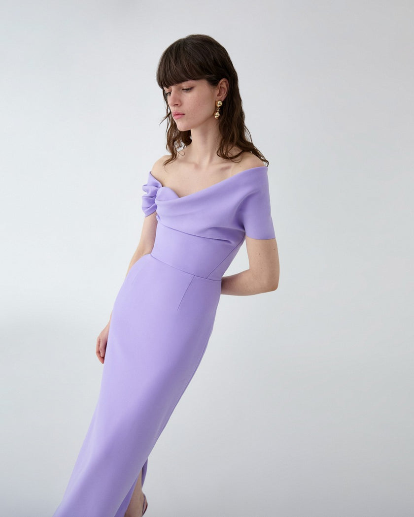 DRAPED OFF SHOULDER COLUMN GOWN