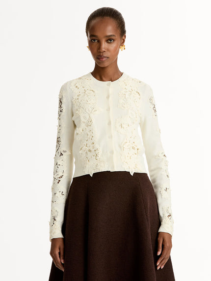 PORCELAIN FLOWER GUIPURE INSERT CARDIGAN
