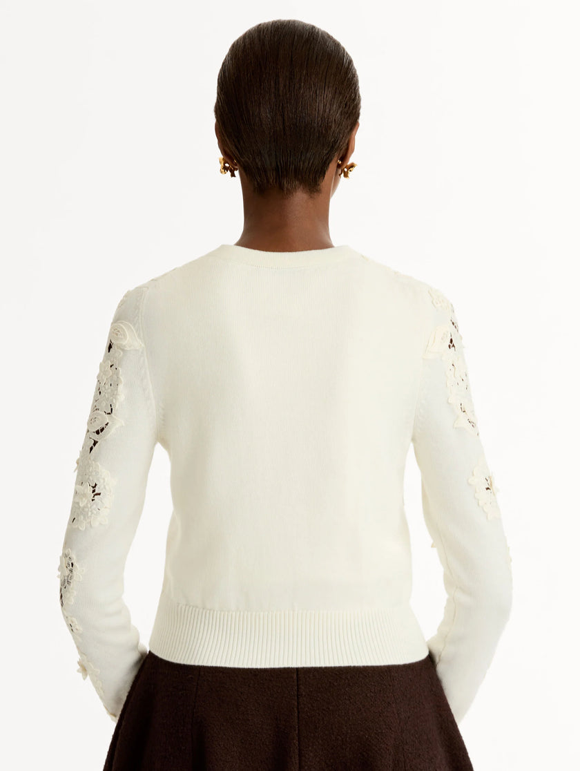 PORCELAIN FLOWER GUIPURE INSERT CARDIGAN